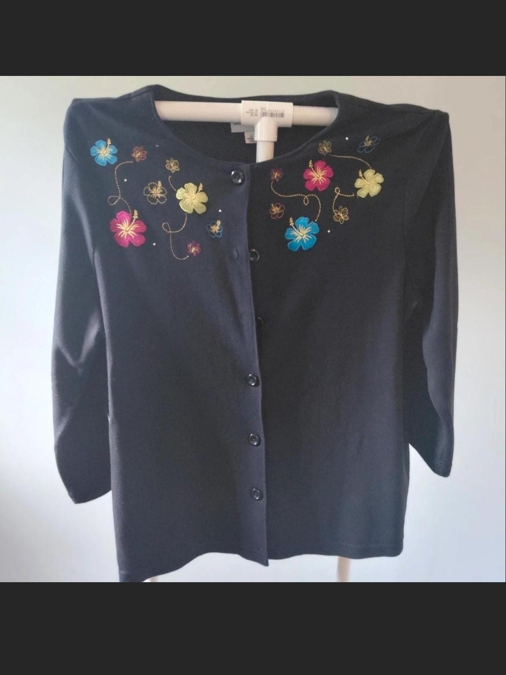 breckenridge Black Button-Front Cardigan with Embroidered Floral Accents